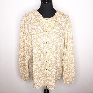 Boden gold white floral ruffle collar button down top size 14